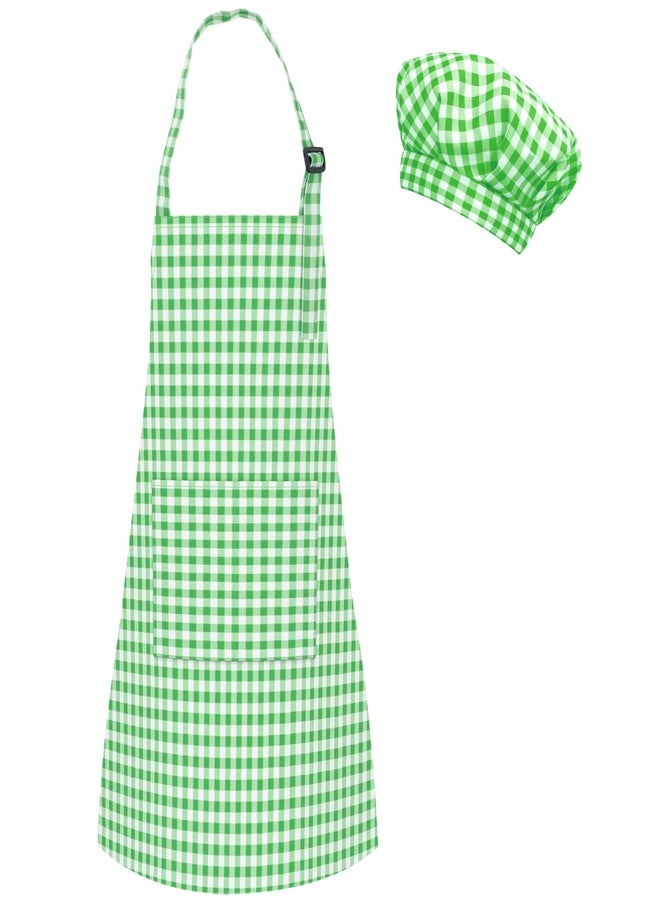TOPWAYS Kids Apron and Chef Hat Set, Adjustable Check Child Chef Aprons with Pockets for Kids Painting Baking Cooking (Green, L) - Image 1